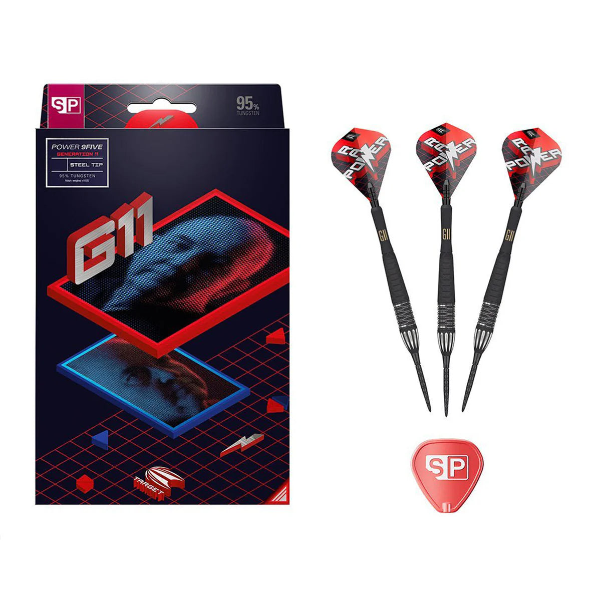 Steel tip tungsten darts set with packaging, three assembled darts showing flights and grip, plus SP point accessory on white background