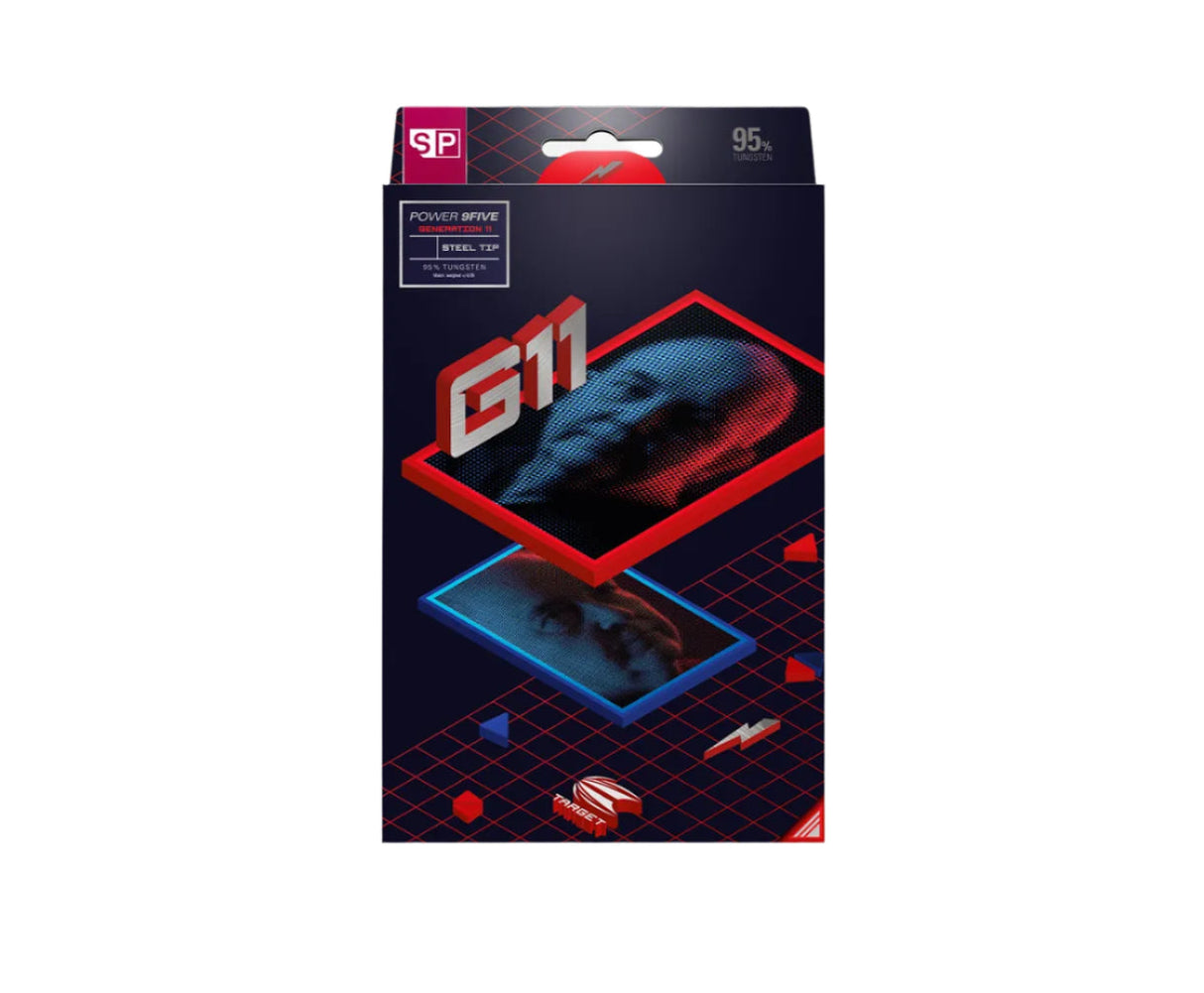 Full product packaging of Power 9Five G11 95% tungsten darts with bold G11 design and steel tip specification