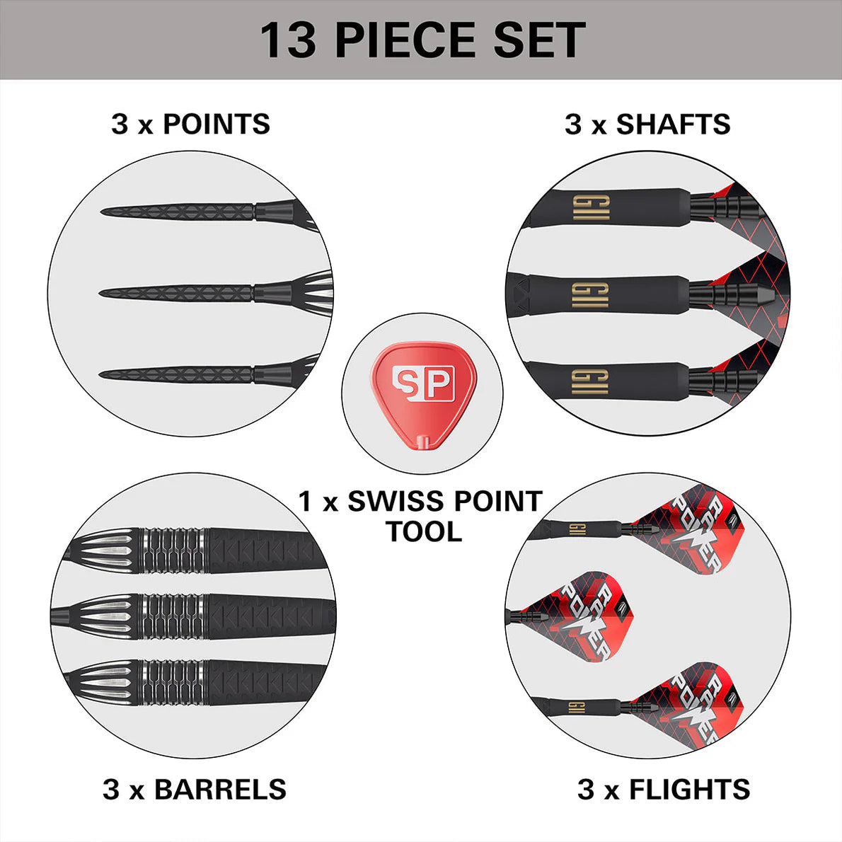 Top-down view of Power 9Five G11 dart set parts with 3 points, 3 barrels, 3 shafts, 3 flights, and a Swiss Point tool arranged in groups