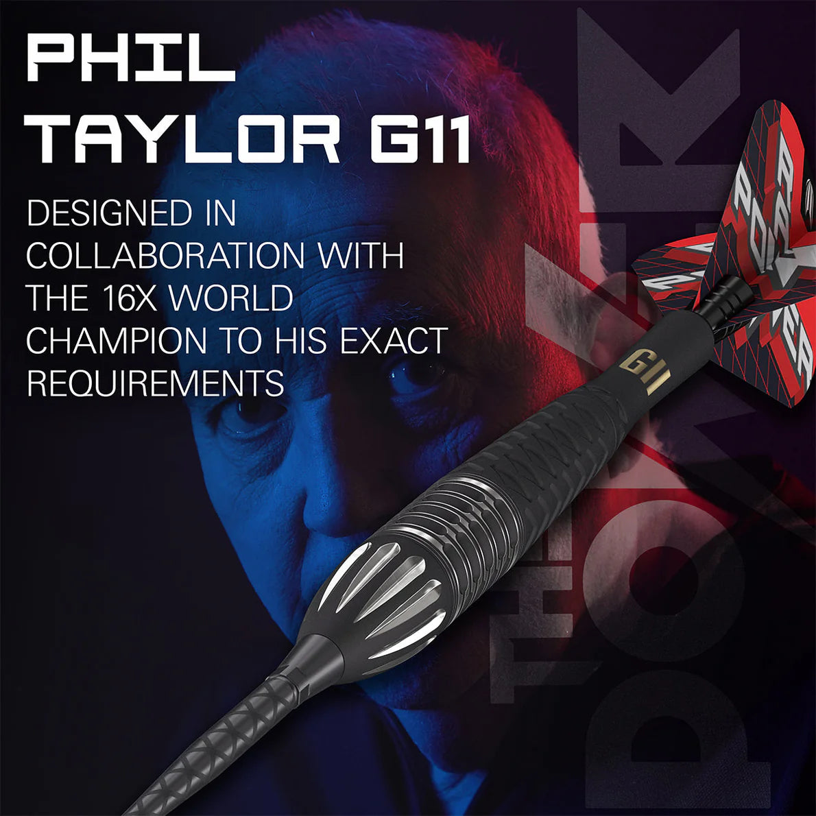 Angled close-up of Phil Taylor Power 9Five G11 dart highlighting barrel grip texture and vibrant flight against promotional background