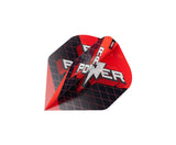Angled close-up of Power 9Five G11 dart flights, red and black grid pattern, isolated on white, showcasing flight shape and graphics