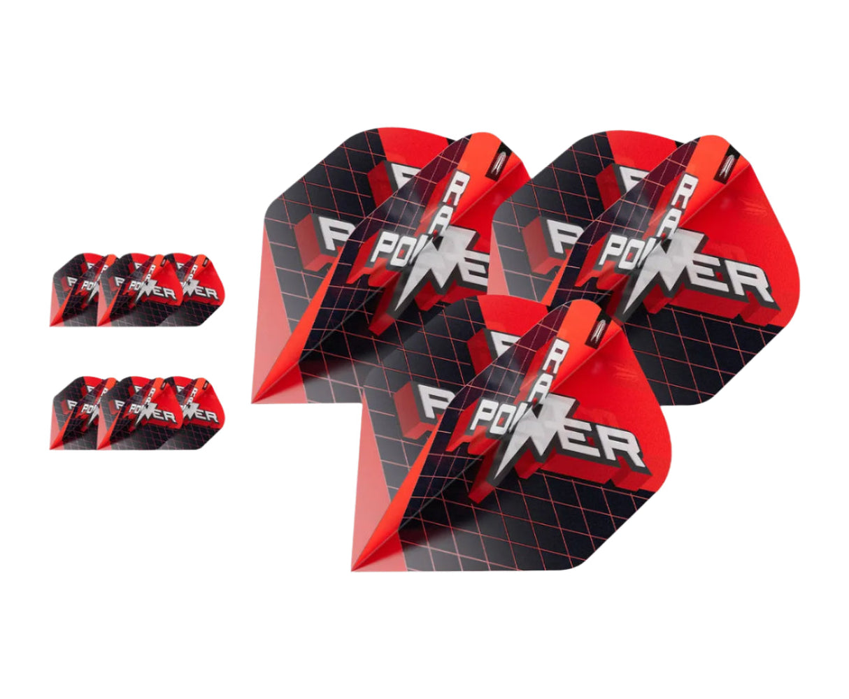 Angled close-up of three Ten-X dart flights with red and black grid design and Power logo, extra set shown in background on white