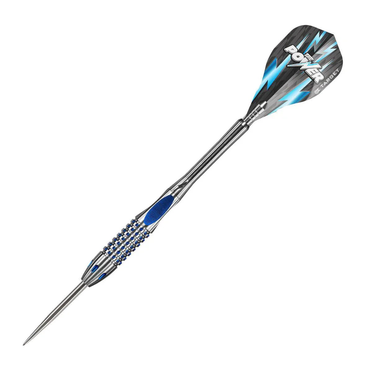 Full view of 95% tungsten dart with blue grip, precision knurled barrel, and lightning bolt design flight on white background