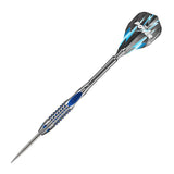 Full view of 95% tungsten dart with blue grip, precision knurled barrel, and lightning bolt design flight on white background