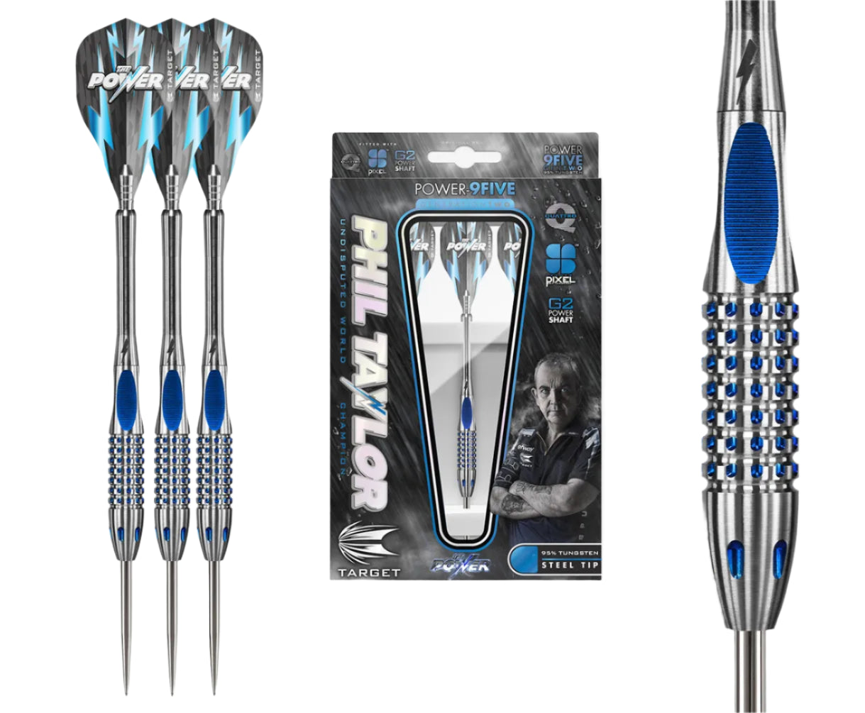 Three 95% tungsten steel tip darts with blue pixel grip, full retail packaging, and close-up of precise barrel texture for dart players