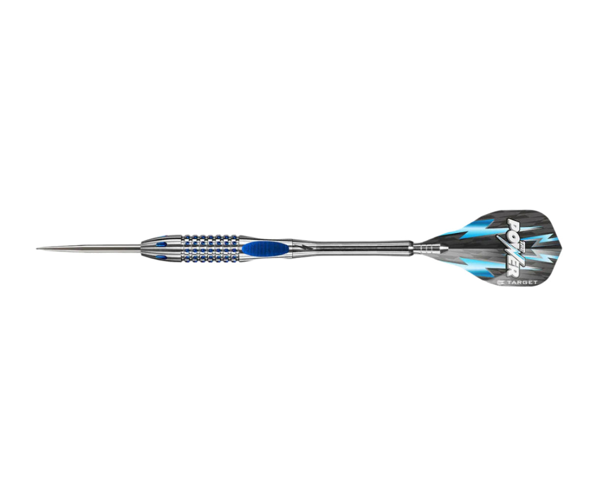 Phil Taylor Power 9Five G2 tungsten dart full view on white, blue ringed grip, precision barrel, and Power flight design