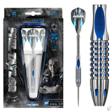 Steel tip tungsten darts set in retail packaging, isolated dart with blue pixel grip detail, and close-up of knurled barrel rings