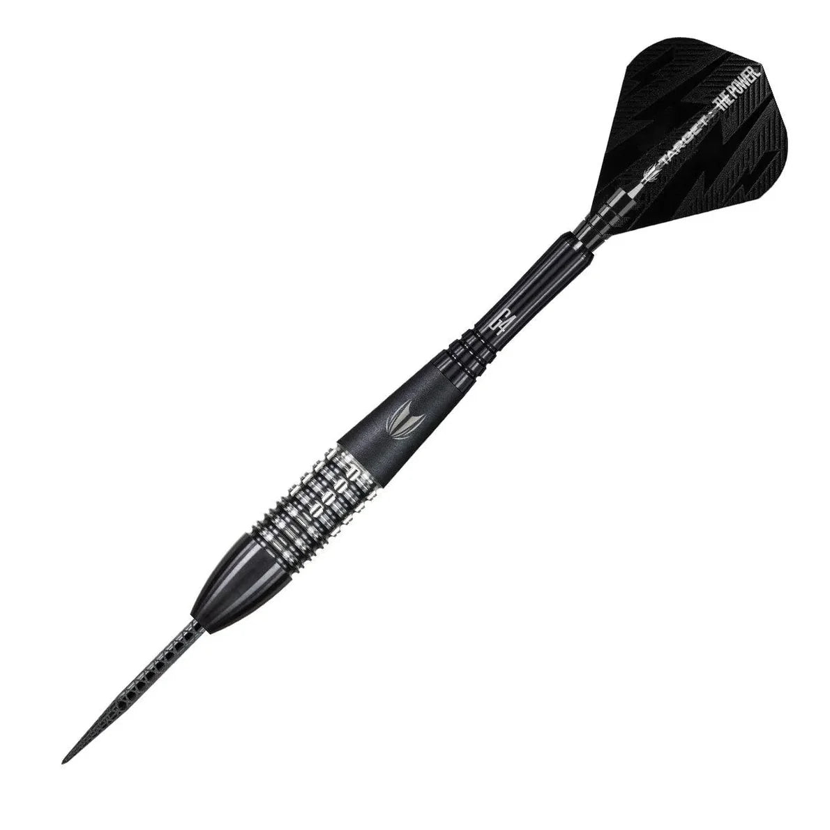 Single tungsten dart with precision-knurled grip, black shaft, and flight, angled on white background for dart players