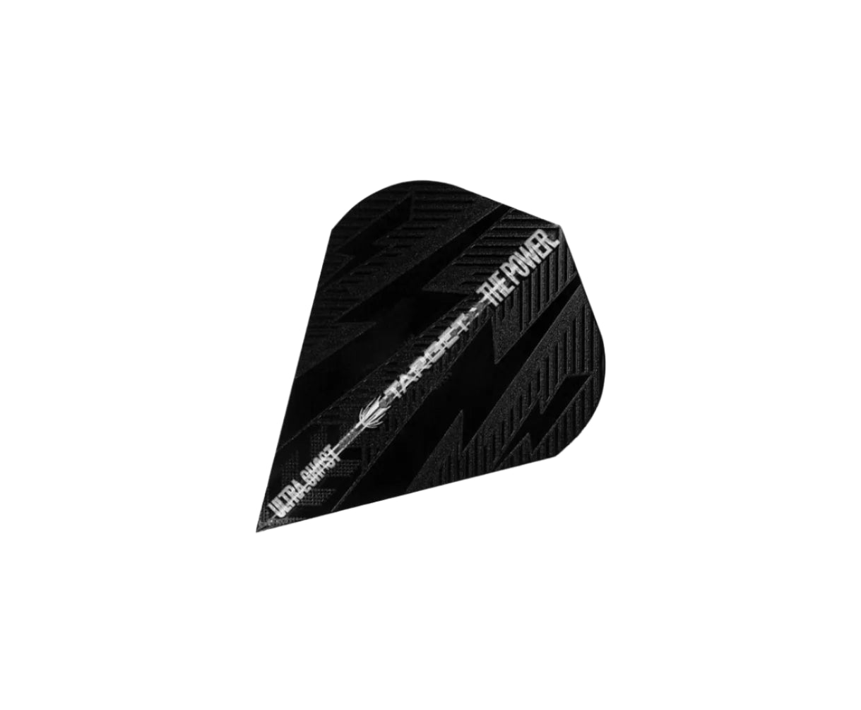 Black Phil Taylor Power 9Five G4 dart flight with zigzag pattern and Ultra Ghost text, isolated on white background