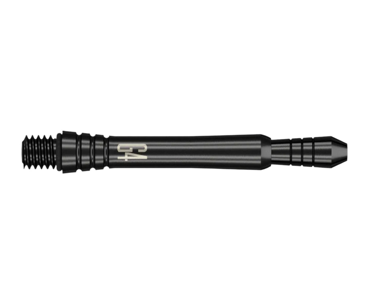 Full view of black tungsten dart barrel with G4 engraving, precision grooves, and threaded end on white background