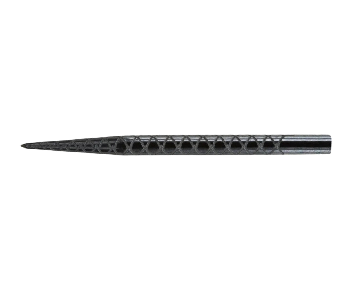 Close-up side view of dart steel tip with precision grip texture and diamond groove detailing for enhanced throw control