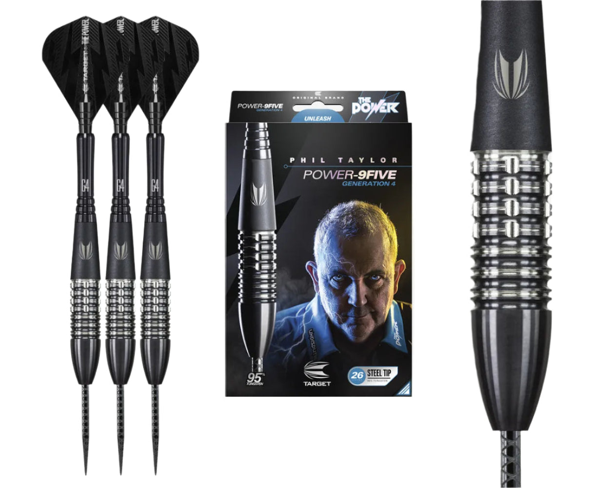 Three 95% tungsten steel tip darts upright beside retail box with macro focus on barrel grip texture for Power 9Five G4
