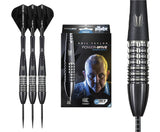 Three 95% tungsten steel tip darts upright beside retail box with macro focus on barrel grip texture for Power 9Five G4
