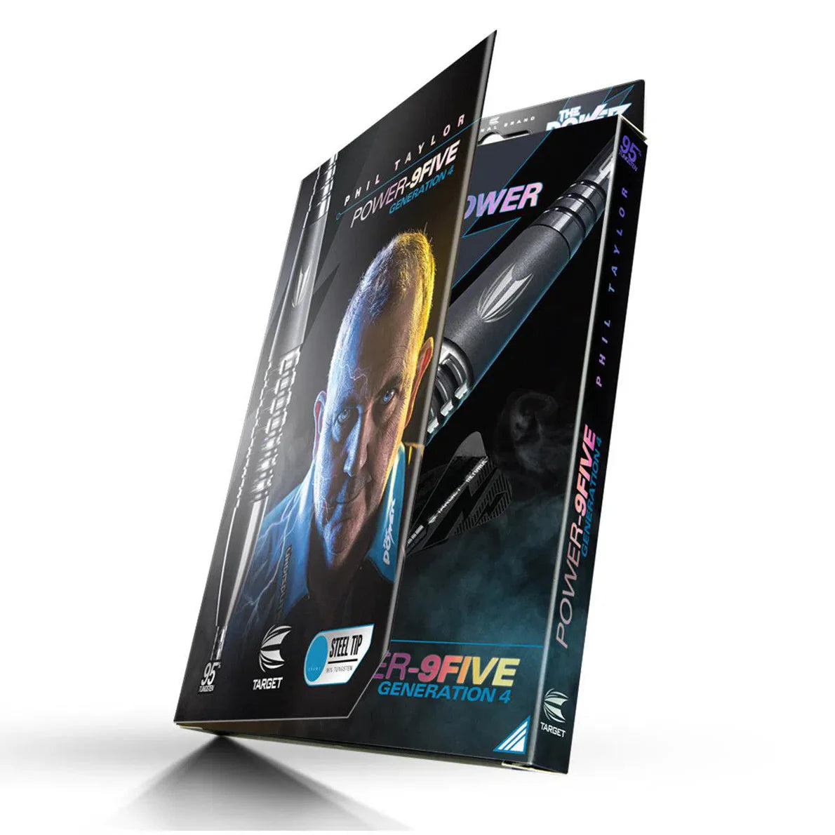 Angled product packaging for Phil Taylor Power 9Five G4 darts, partially opened to show steel tip dart and tungsten barrel features