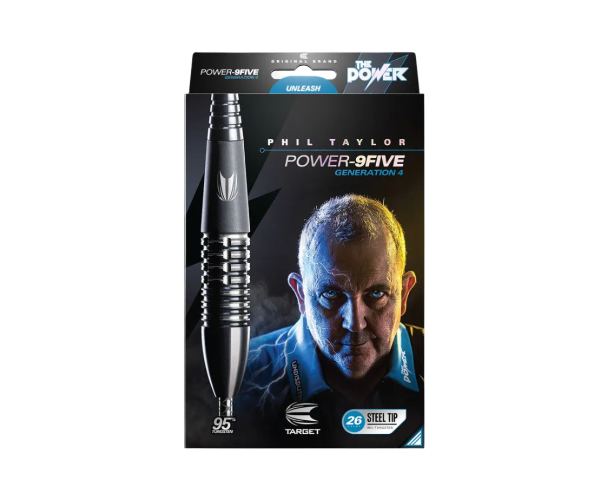Phil Taylor Power 9Five G4 95% tungsten steel tip darts in retail packaging with barrel design and specs visible