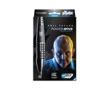 Phil Taylor Power 9Five G4 95% tungsten steel tip darts in retail packaging with barrel design and specs visible