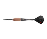 Full view tungsten dart isolated on white, highlighting precision grip barrel, black grooved point, and textured lightning bolt flight design.