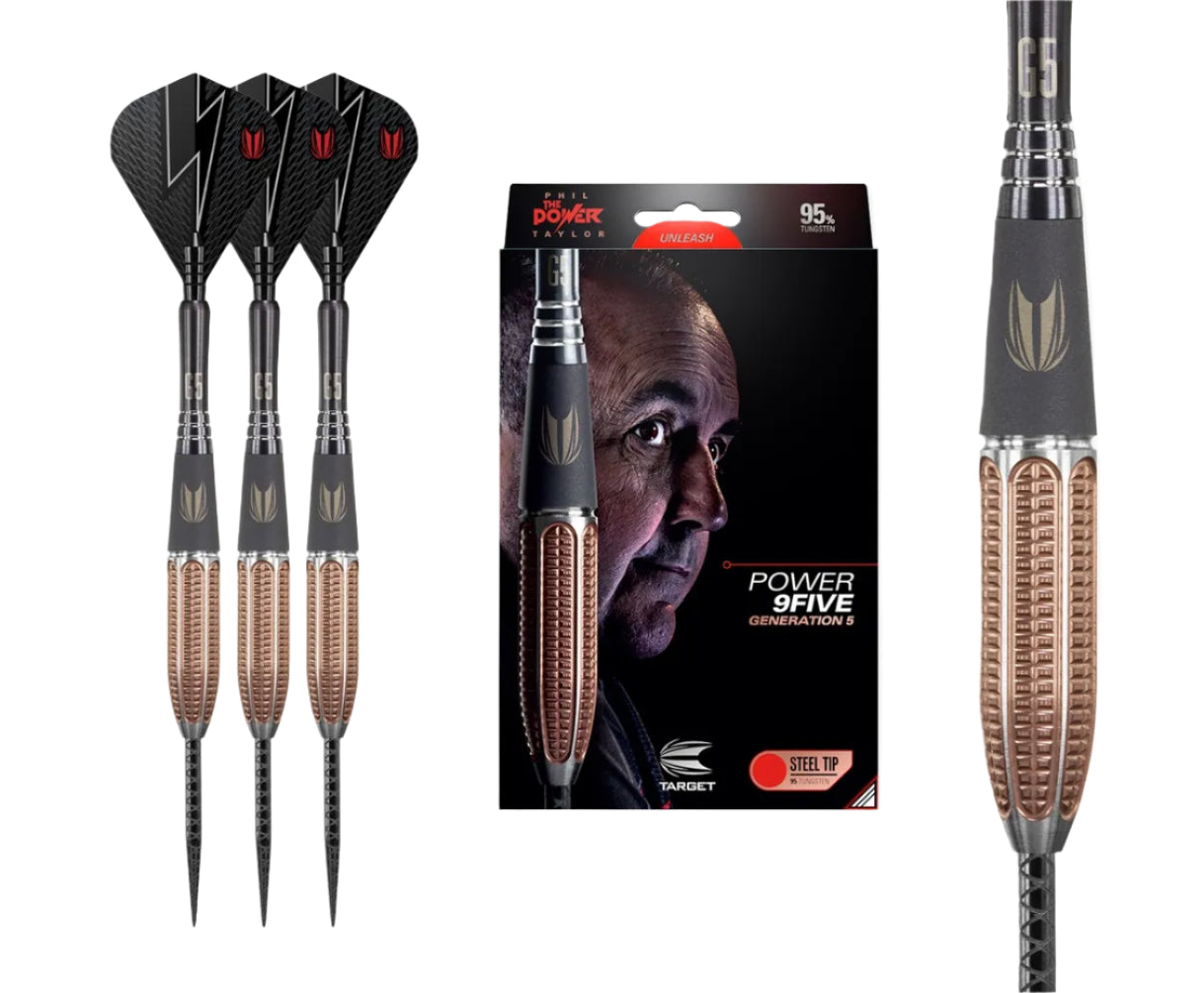 Steel tip darts set with close-up on precision grooved tungsten barrel, three assembled darts, retail box, ideal for competitive dart players