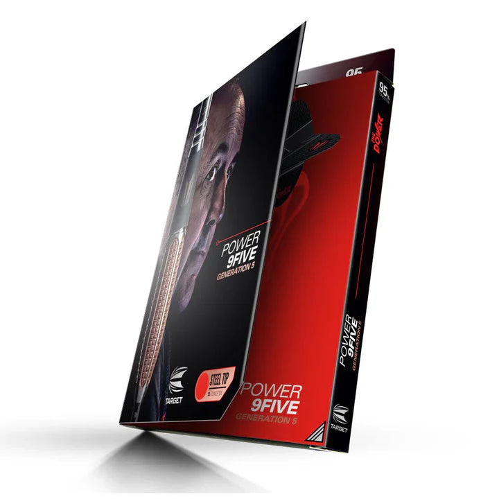 Angled view of Target Power 9FIVE G5 darts packaging partially open, retail box on white background for steel tip tungsten darts