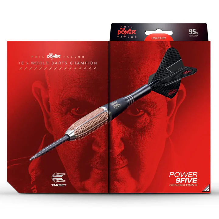 Angled full view of tungsten dart in open retail packaging highlighting textured barrel grip and black flight design