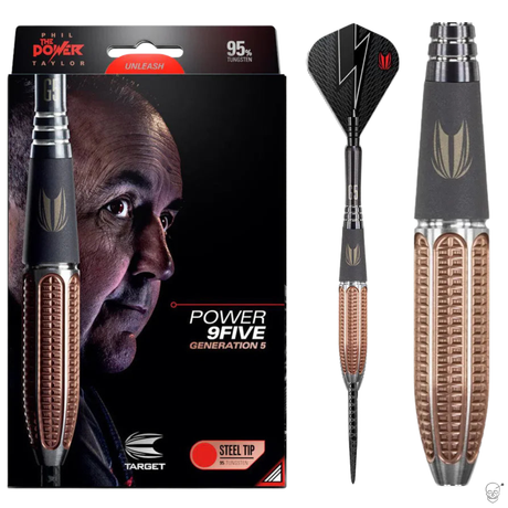 Steel tip tungsten dart with textured barrel and black flight shown upright beside retail packaging, ideal for precision dart players