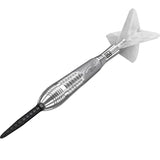 Angled close-up of Phil Taylor Power 9Five G6 tungsten dart highlighting barrel grip rings, black tip, and silver textured flight