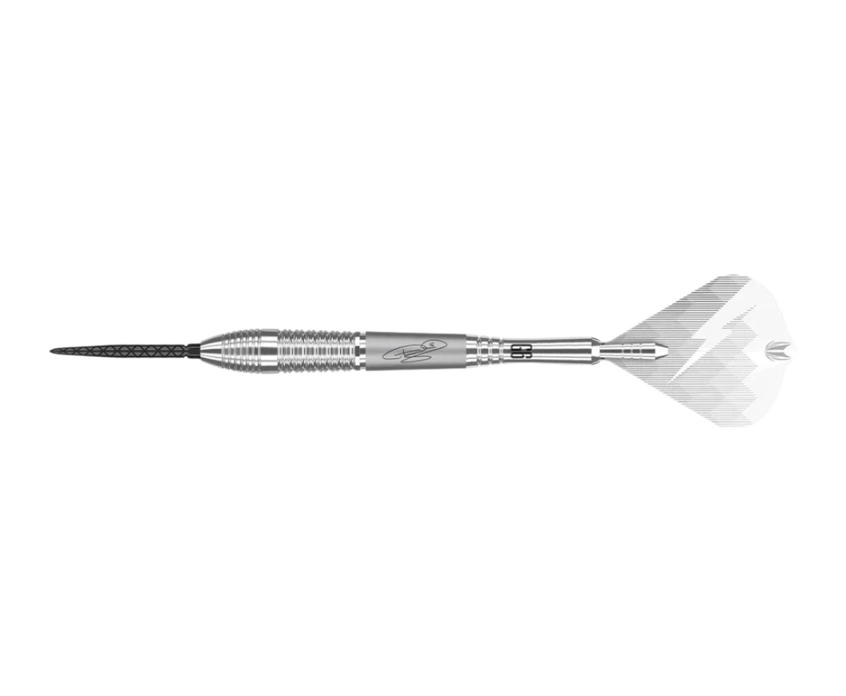 Full view tungsten dart on white background showing knurled grip, engraved barrel, black tip, and clear flight with lightning design