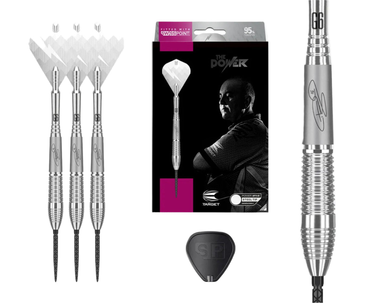 Steel tip tungsten darts set with hand-sandblasted barrels, G6 engraving, flight holder, close-up barrel detail, and packaging display
