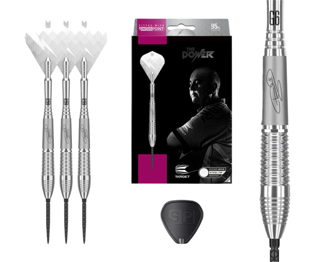 Steel tip tungsten darts set with hand-sandblasted barrels, G6 engraving, flight holder, close-up barrel detail, and packaging display