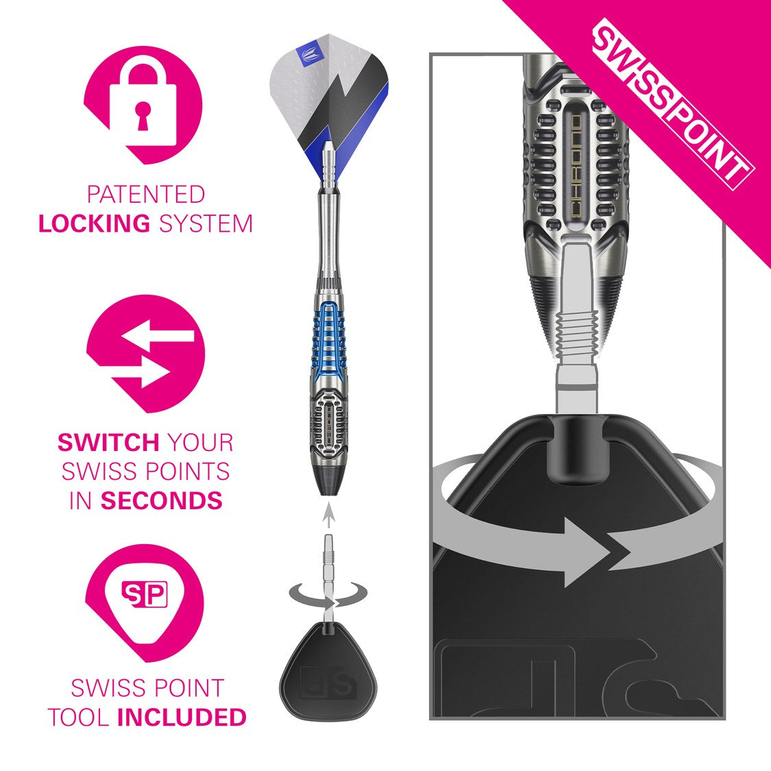 Target Phil Taylor Power Chrono Swiss Point locking system – switch points in seconds with the included tool