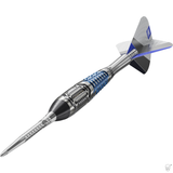 Target Phil Taylor Power Chrono dart – angled view of the bullet-shaped silver, black and blue milled barrel with flight and shaft fitted