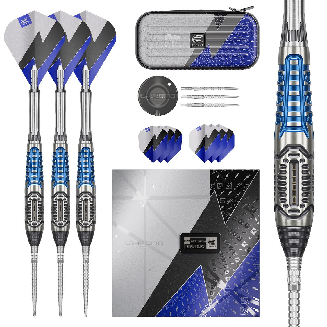 Target Phil Taylor Power Chrono darts set of three with Takoma wallet and barrel close-up
