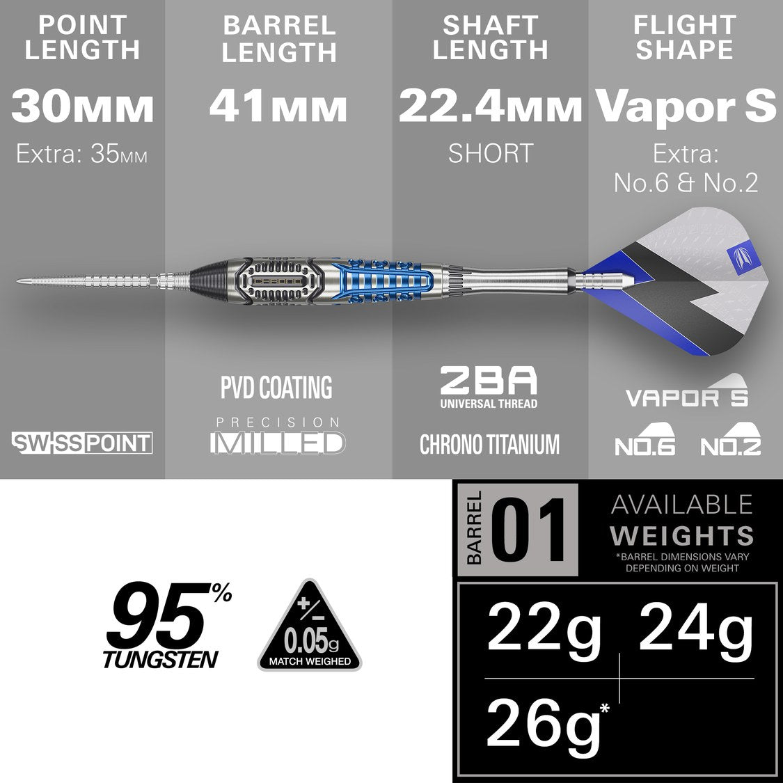 Target Power Chrono specification – 30mm Chrono Swiss Point, 41mm barrel, 95% tungsten, 22g and 24g