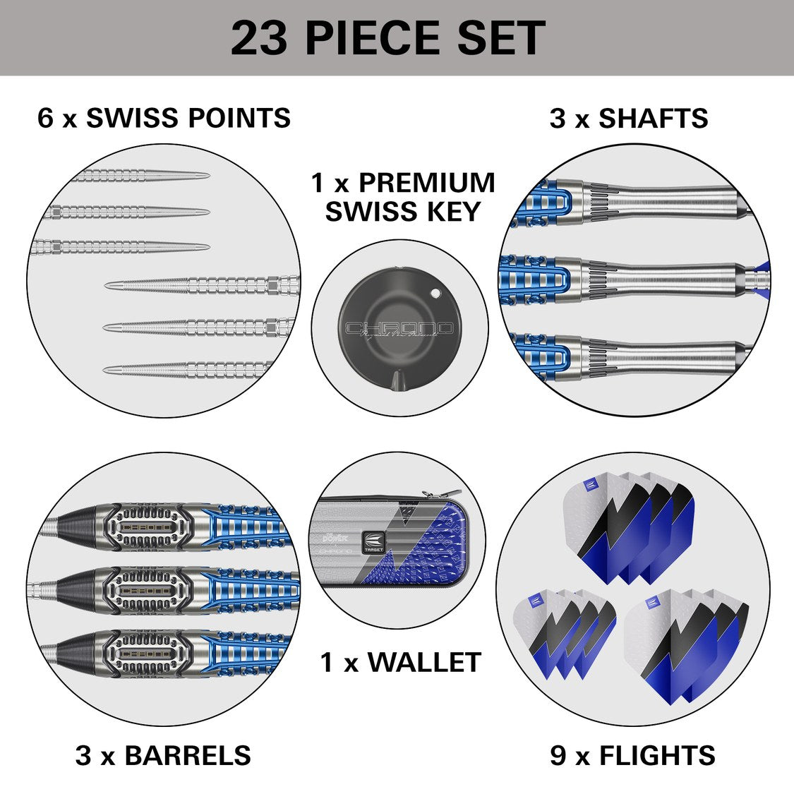 Target Phil Taylor Power Chrono set contents – barrels, six Swiss Points, shafts, nine flights, wallet and Premium Swiss Key