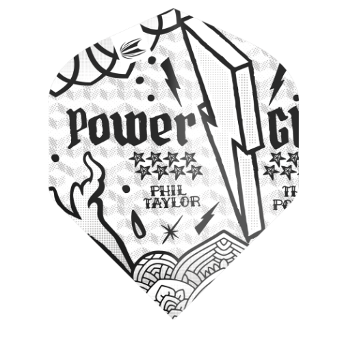 Target Phil Taylor Power Ink No.2 dart flight upright on a white background, white and black ink illustration