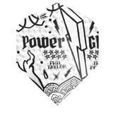 Target Phil Taylor Power Ink No.2 dart flight upright on a white background, white and black ink illustration