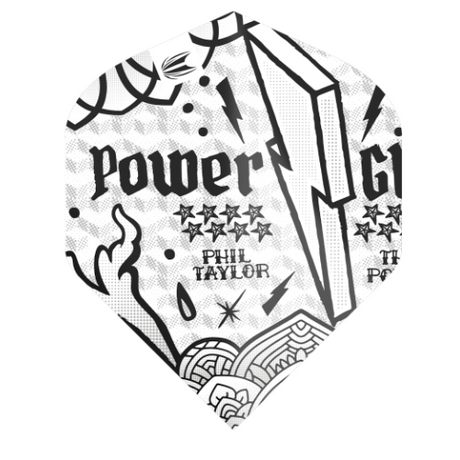 Target Phil Taylor Power Ink No.2 dart flight upright on a white background, white and black ink illustration