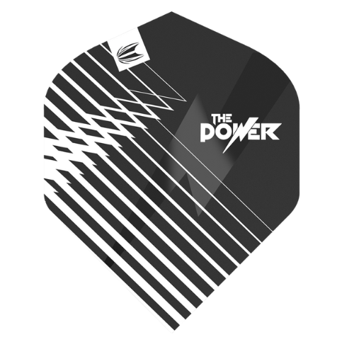 Close-up of Pro Ultra Black No.2 dart flight with 'The Power' text and bold white geometric stripe design, isolated on white background