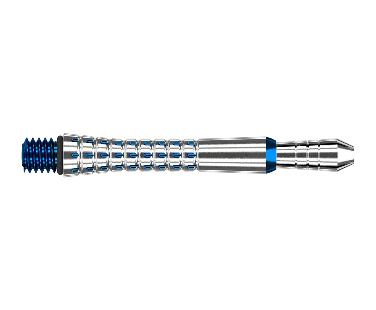 Full titanium dart shaft with pixel grip texture and blue threading, isolated on white for dart accessories buyers