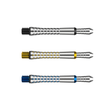 Three titanium dart shafts with pixel grip texture and colored rings displayed horizontally on white background