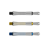 Three titanium dart shafts with pixel grip texture and colored rings displayed horizontally on white background
