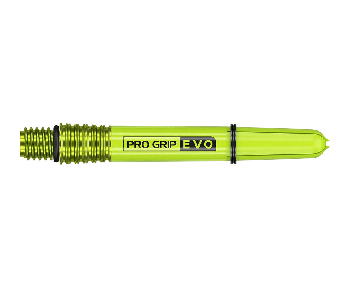 Single neon green Pro Grip Evo AL dart shaft full view on white background highlighting grip rings and flight slot