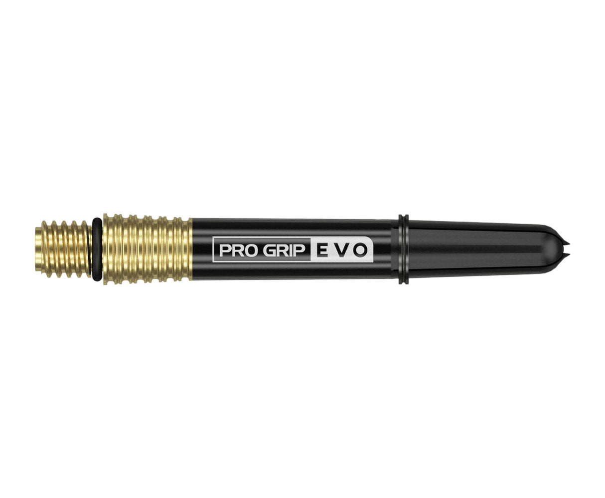 Single Pro Grip Evo AL dart shaft full view on white background, gold threaded base, black grip, clear branding for darts accessories buyers