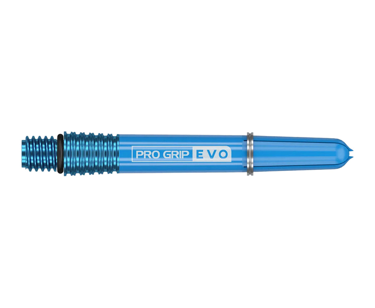 Blue Pro Grip Evo AL dart shaft full view with metal threads and ring, isolated on white background for darts accessories