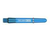 Blue Pro Grip Evo AL dart shaft full view with metal threads and ring, isolated on white background for darts accessories
