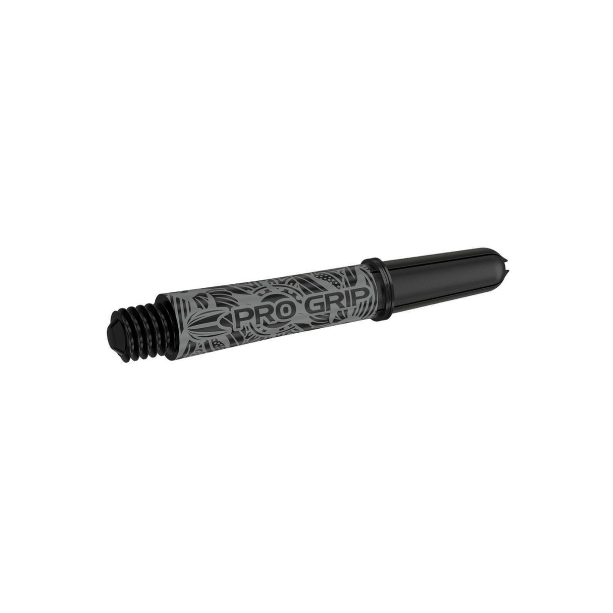 Target Pro Grip Ink black dart shaft, angled view showing the tattoo pattern and flight slot