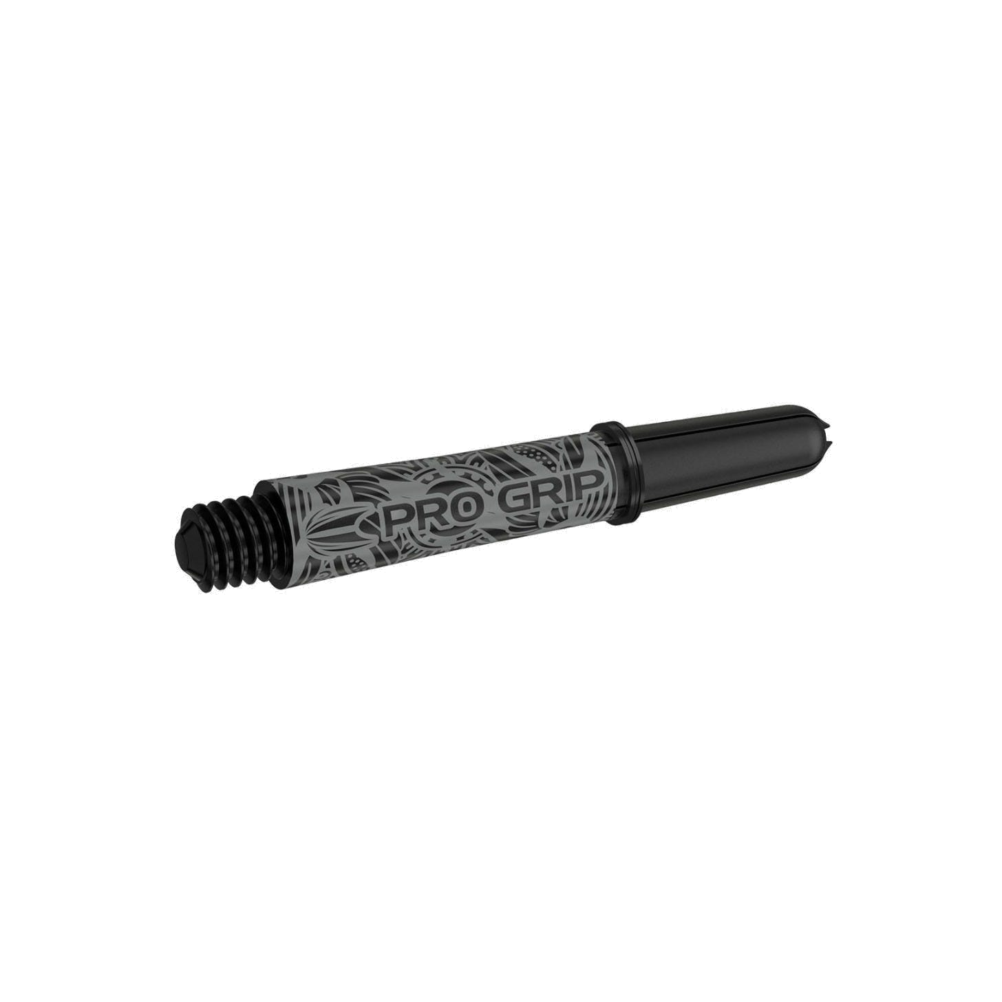 Target Pro Grip Ink black dart shaft, angled view showing the tattoo pattern and flight slot
