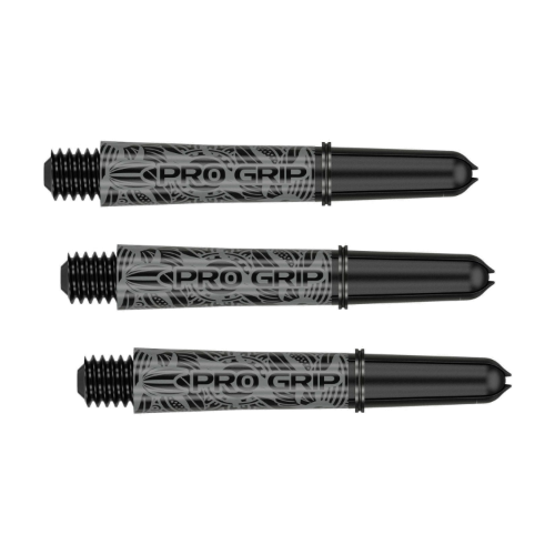 Three Target Pro Grip Ink black dart shafts with hand-drawn tattoo artwork, shown on white background