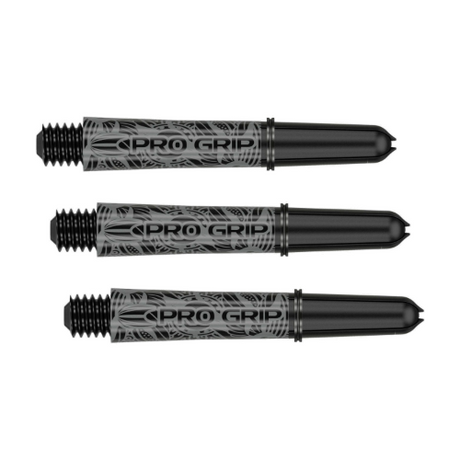 Three Target Pro Grip Ink black dart shafts with hand-drawn tattoo artwork, shown on white background
