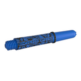 Target Pro Grip Ink blue dart shaft, angled view showing the tattoo pattern and flight slot